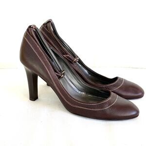 J Crew Leather Ankle Strap Heels 7 Dark Brown Pumps J.Crew Academia Prep 90s